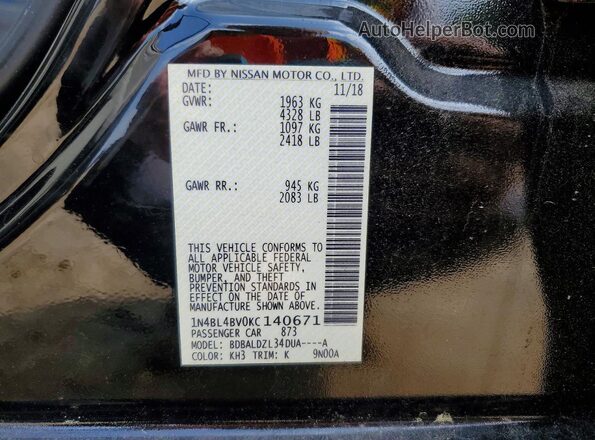 1N4BL4BV0KC140671 2019 NISSAN ALTIMA Black Vista del compartimento del motor