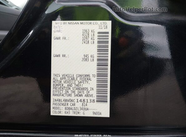 1N4BL4BV0KC148138 2019 NISSAN ALTIMA Black Вид підкапотного простору