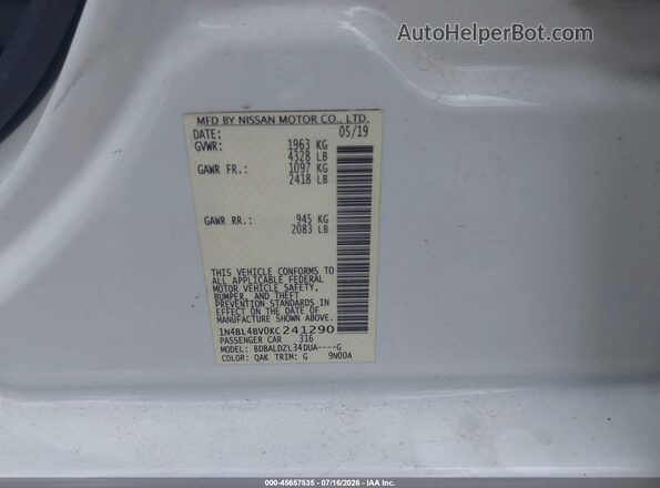 1N4BL4BV0KC241290 2019 NISSAN ALTIMA White Շարժիչի բաժամունքի տեսք