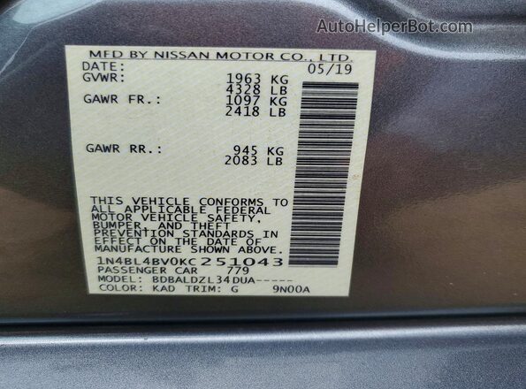 1N4BL4BV0KC251043 2019 NISSAN ALTIMA Gray Вид підкапотного простору