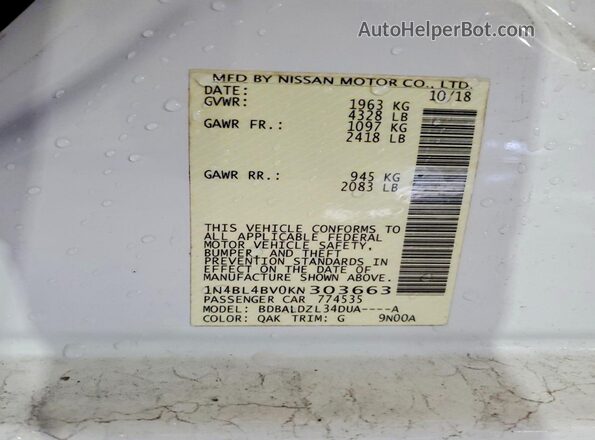 1N4BL4BV0KN303663 2019 NISSAN ALTIMA White Vista del compartimento del motor