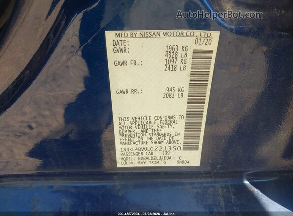 1N4BL4BV0LC221350 2020 NISSAN ALTIMA Blue Vista del compartimento del motor