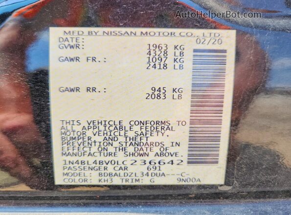 1N4BL4BV0LC236642 2020 NISSAN ALTIMA Black Շարժիչի բաժամունքի տեսք
