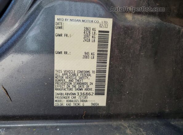 1N4BL4BV0NN336862 2022 NISSAN ALTIMA Gray Widok naklejki z numerem VIN