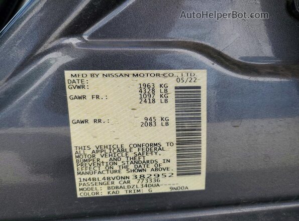 1N4BL4BV0NN382952 2022 NISSAN ALTIMA Gray VIN კოდის სტიკერის ხედი