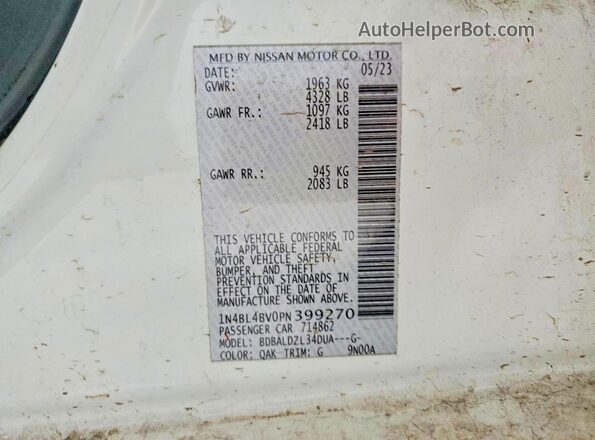 1N4BL4BV0PN399270 2023 NISSAN ALTIMA White VIN კოდის სტიკერის ხედი