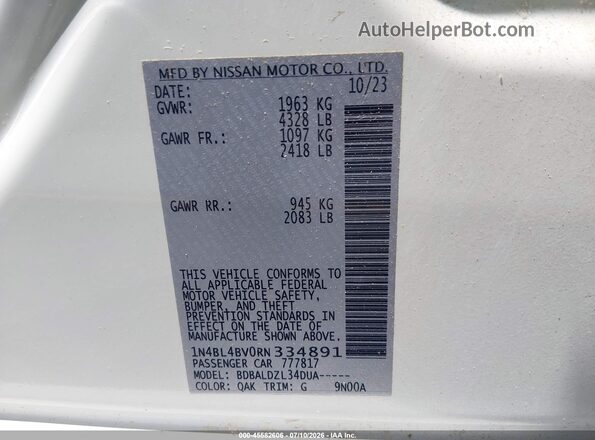 1N4BL4BV0RN334891 2024 NISSAN ALTIMA White ძრავის განყოფილების ხედი