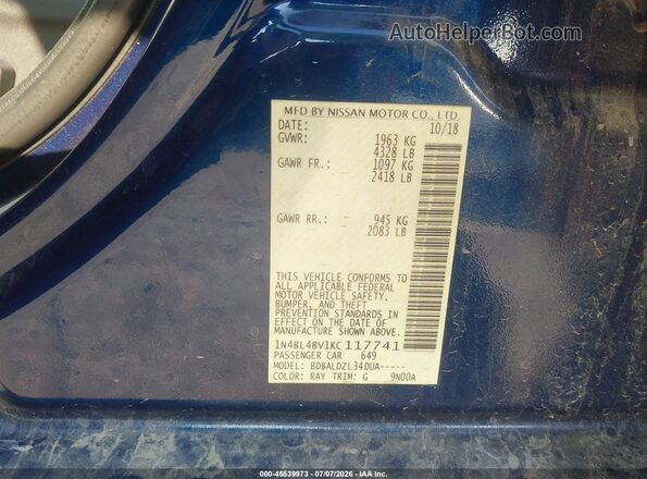 1N4BL4BV1KC117741 2019 NISSAN ALTIMA Синий Вид подкапотного пространства