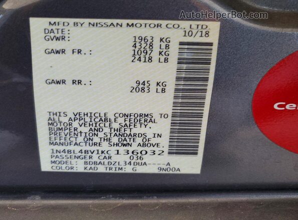 1N4BL4BV1KC136032 2019 NISSAN ALTIMA Charcoal Вид підкапотного простору