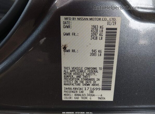 1N4BL4BV1KC171699 2019 NISSAN ALTIMA Серый Вид подкапотного пространства