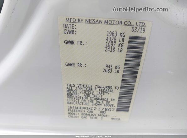 1N4BL4BV1KC217807 2019 NISSAN ALTIMA White Շարժիչի բաժամունքի տեսք