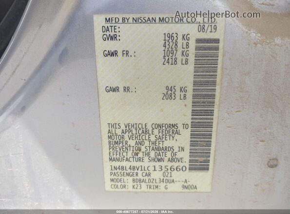 1N4BL4BV1LC135660 2020 NISSAN ALTIMA Серебряный Вид подкапотного пространства