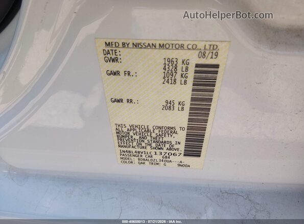 1N4BL4BV1LC137067 2020 NISSAN ALTIMA White Engine compartment view