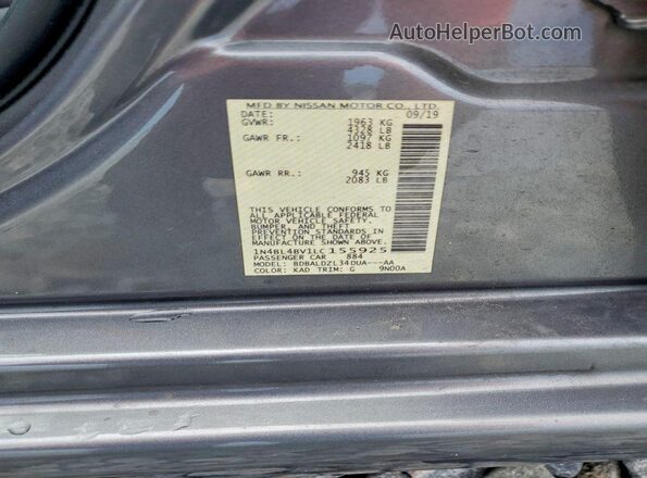 1N4BL4BV1LC155925 2020 NISSAN ALTIMA Silver VIN კოდის სტიკერის ხედი
