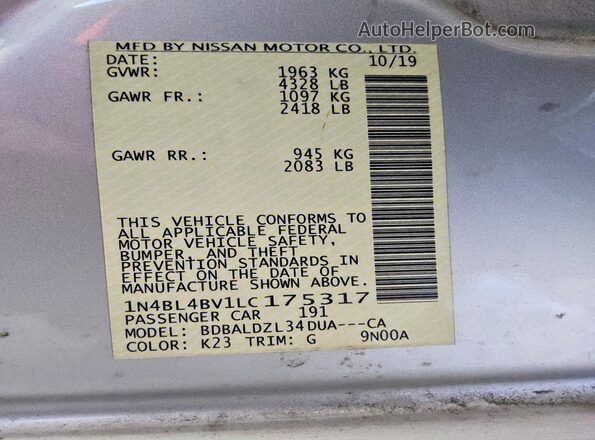 1N4BL4BV1LC175317 2020 NISSAN ALTIMA Silver Շարժիչի բաժամունքի տեսք