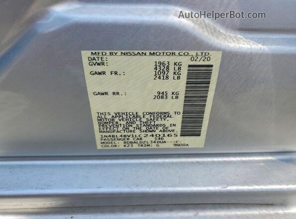 1N4BL4BV1LC240165 2020 NISSAN ALTIMA Silver Vista del compartimento del motor