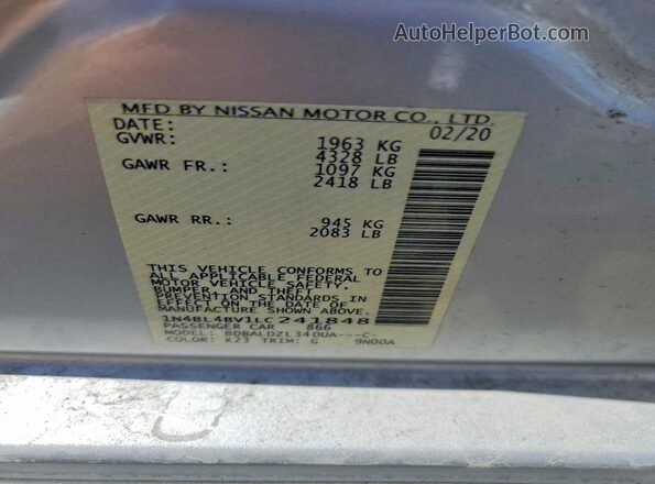 1N4BL4BV1LC241848 2020 NISSAN ALTIMA Silver ძრავის განყოფილების ხედი