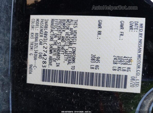 1N4BL4BV1LC274283 2020 NISSAN ALTIMA Black Engine compartment view