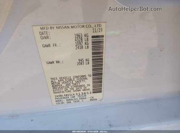 1N4BL4BV1LN313653 2020 NISSAN ALTIMA White Widok komory silnika