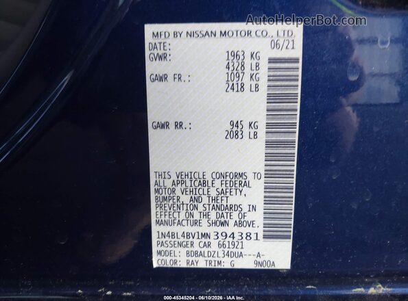 1N4BL4BV1MN394381 2021 NISSAN ALTIMA Blue Vista del compartimento del motor