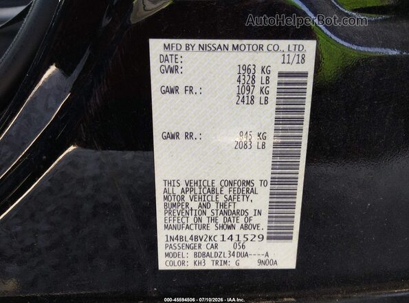 1N4BL4BV2KC141529 2019 NISSAN ALTIMA Черный Вид подкапотного пространства