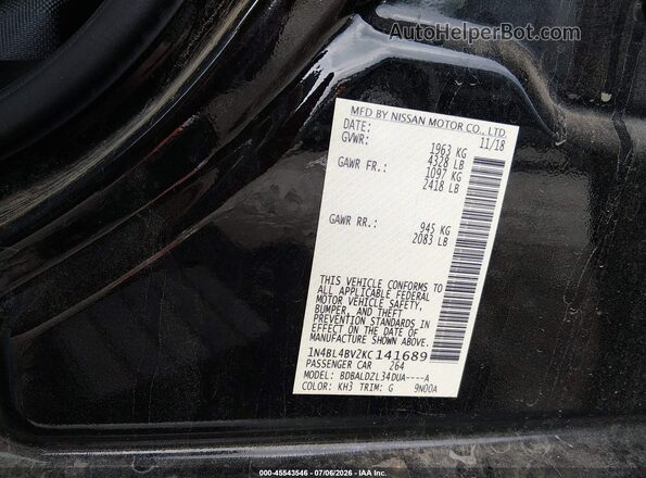1N4BL4BV2KC141689 2019 NISSAN ALTIMA Black ძრავის განყოფილების ხედი