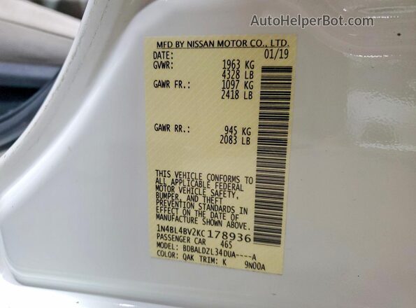1N4BL4BV2KC178936 2019 NISSAN ALTIMA Белый Вид наклейки с VIN-кодом