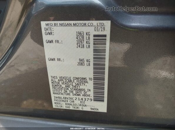 1N4BL4BV2KC214379 2019 NISSAN ALTIMA Gray Vista del compartimento del motor