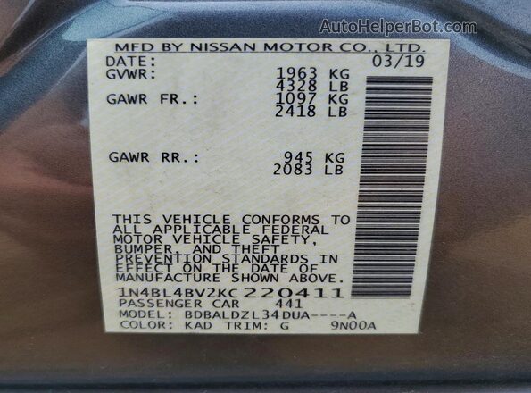 1N4BL4BV2KC220411 2019 NISSAN ALTIMA Gray ძრავის განყოფილების ხედი