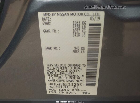 1N4BL4BV2KC252954 2019 NISSAN ALTIMA Gray Շարժիչի բաժամունքի տեսք