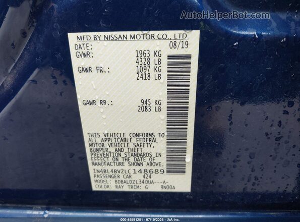 1N4BL4BV2LC148689 2020 NISSAN ALTIMA Blue Շարժիչի բաժամունքի տեսք