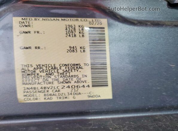 1N4BL4BV2LC240644 2020 NISSAN ALTIMA Серый Вид подкапотного пространства