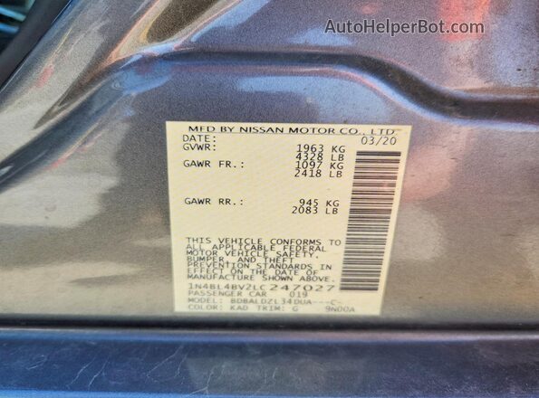 1N4BL4BV2LC247027 2020 NISSAN ALTIMA Серый Вид подкапотного пространства