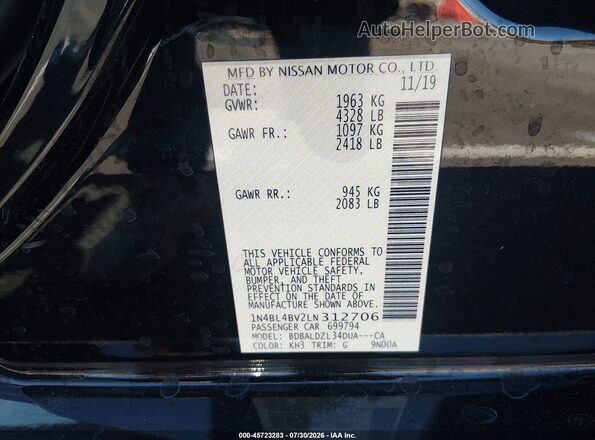 1N4BL4BV2LN312706 2020 NISSAN ALTIMA Black Вид підкапотного простору