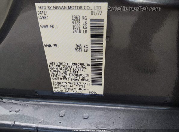 1N4BL4BV2NN387392 2022 NISSAN ALTIMA Серый Вид подкапотного пространства