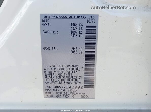 1N4BL4BV2RN342992 2024 NISSAN ALTIMA White ძრავის განყოფილების ხედი