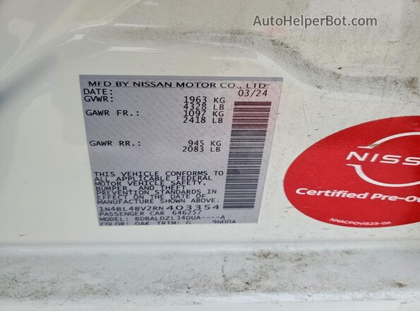 1N4BL4BV2RN403354 2024 NISSAN ALTIMA White Շարժիչի բաժամունքի տեսք