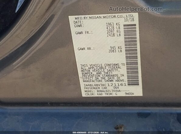 1N4BL4BV3KC121161 2019 NISSAN ALTIMA Gray Вид підкапотного простору