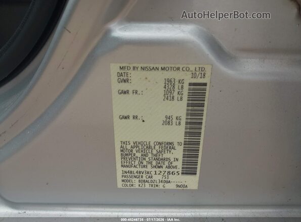 1N4BL4BV3KC127865 2019 NISSAN ALTIMA Silver ძრავის განყოფილების ხედი