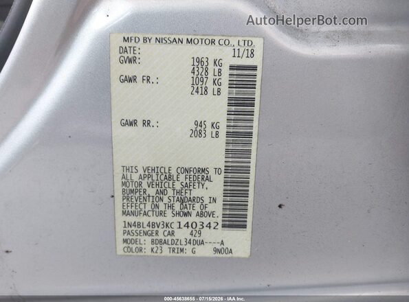 1N4BL4BV3KC140342 2019 NISSAN ALTIMA Silver Engine compartment view