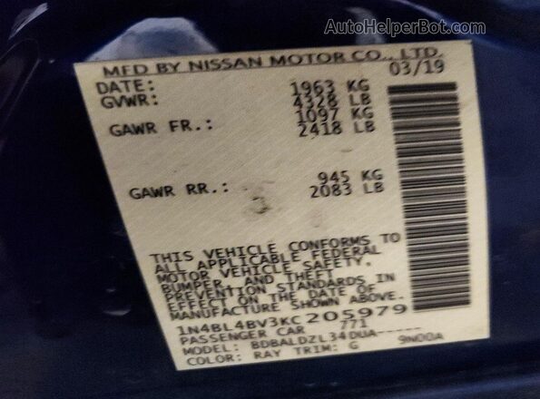 1N4BL4BV3KC205979 2019 NISSAN ALTIMA Blue Շարժիչի բաժամունքի տեսք