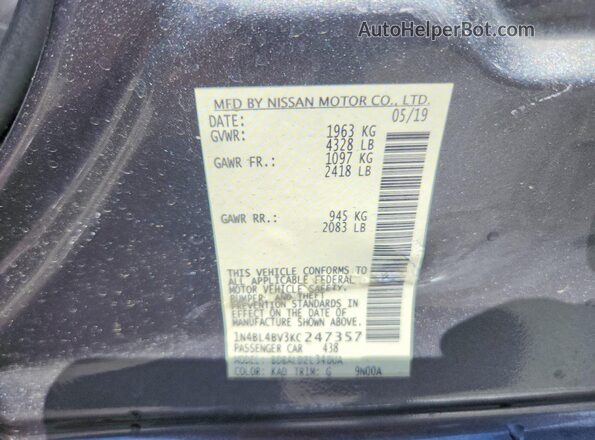 1N4BL4BV3KC247357 2019 NISSAN ALTIMA Серебряный Вид подкапотного пространства