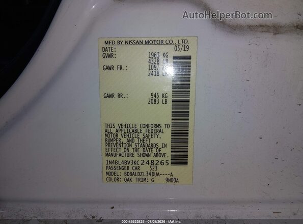 1N4BL4BV3KC248265 2019 NISSAN ALTIMA White Engine compartment view