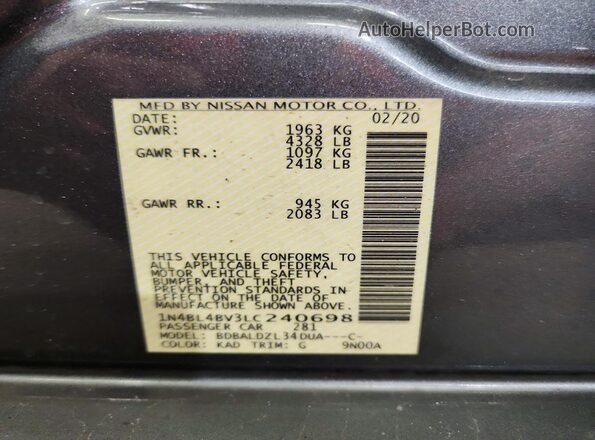 1N4BL4BV3LC240698 2020 NISSAN ALTIMA Gray Vista del compartimento del motor