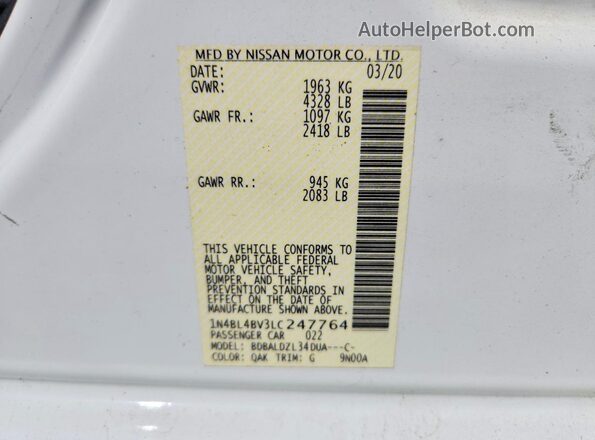 1N4BL4BV3LC247764 2020 NISSAN ALTIMA Белый Вид наклейки с VIN-кодом