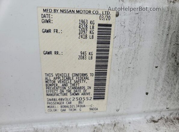 1N4BL4BV3LC250552 2020 NISSAN ALTIMA White Շարժիչի բաժամունքի տեսք