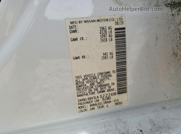 1N4BL4BV3LN322208 2020 NISSAN ALTIMA White VIN კოდის სტიკერის ხედი