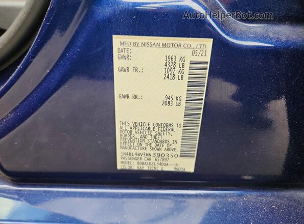 1N4BL4BV3MN390350 2021 NISSAN ALTIMA Blue Widok komory silnika