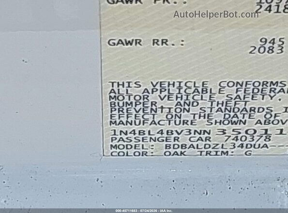 1N4BL4BV3NN350111 2022 NISSAN ALTIMA White Շարժիչի բաժամունքի տեսք