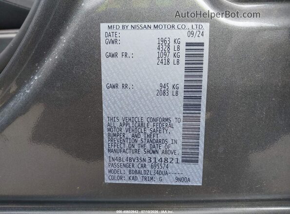 1N4BL4BV3SN314821 2025 NISSAN ALTIMA Gray ძრავის განყოფილების ხედი